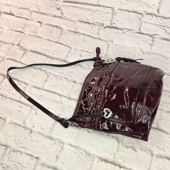 Brighton Women Tassel Shoulder Handbag Burgundy Black Cherry Patent Leather Zip - Picture 2 of 13